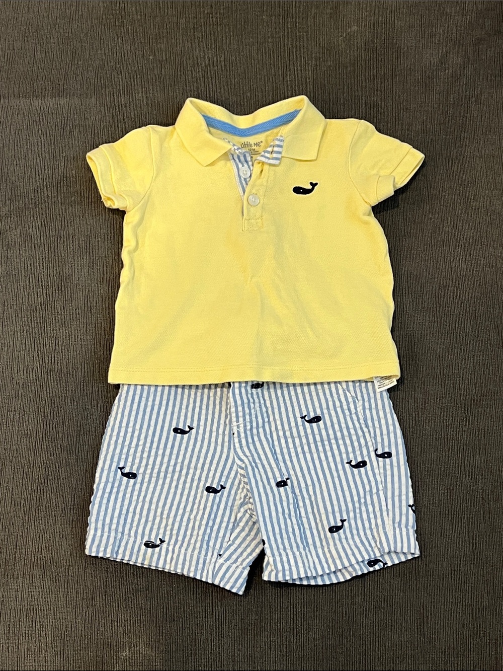 Toddler Boy 12M Yellow Polo & Blue Striped Whale Shorts Set
